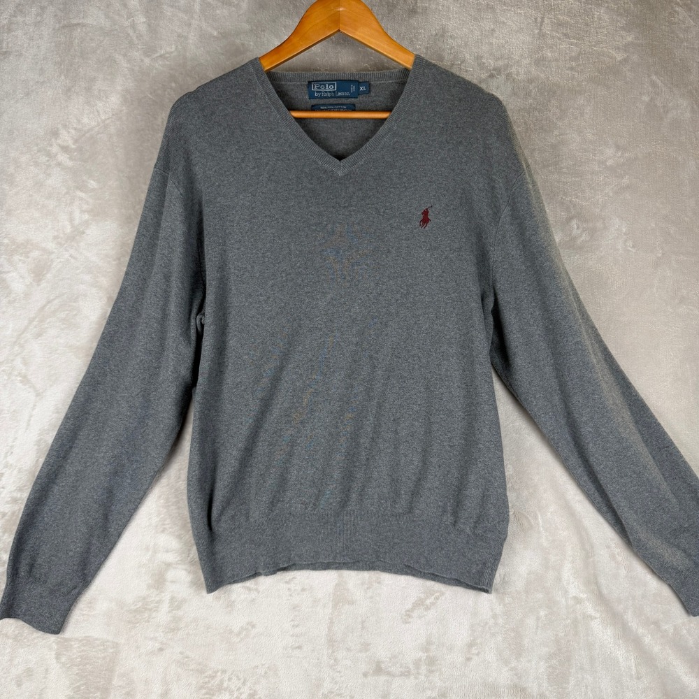 Polo Ralph Lauren Mens XL Grey Pima Cotton V-Neck Sweater Red Pony Logo